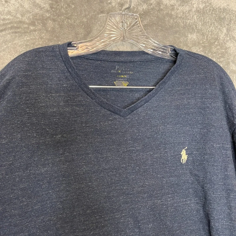 Polo Ralph Lauren Men Classic Heathered Pony Blue V Neck Long Sleeve T Shirt M
